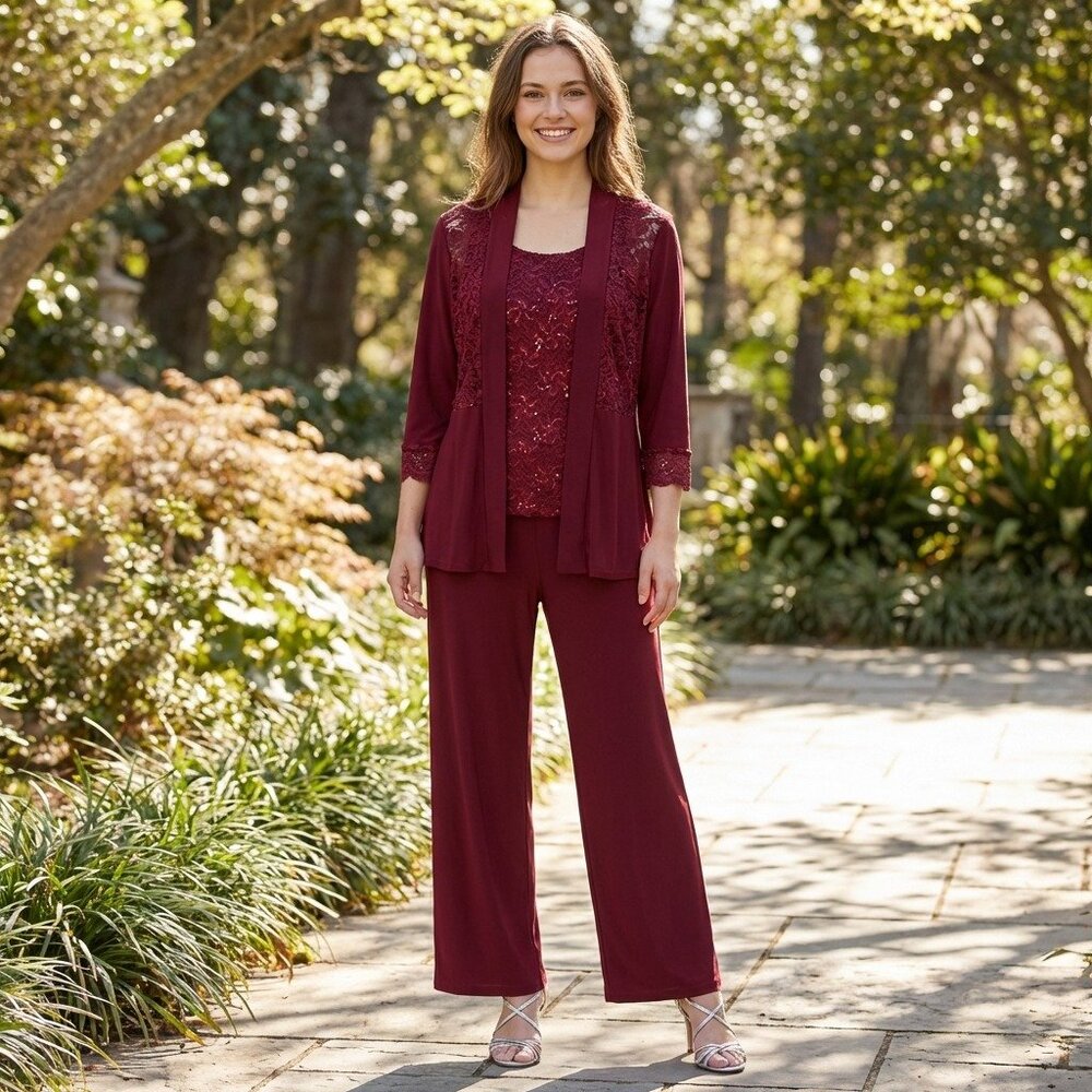 NWOT Fanny 1996 Jersey & Lace Women's Formal Pant Suit-Size XL-BURGUNDY-NEW
